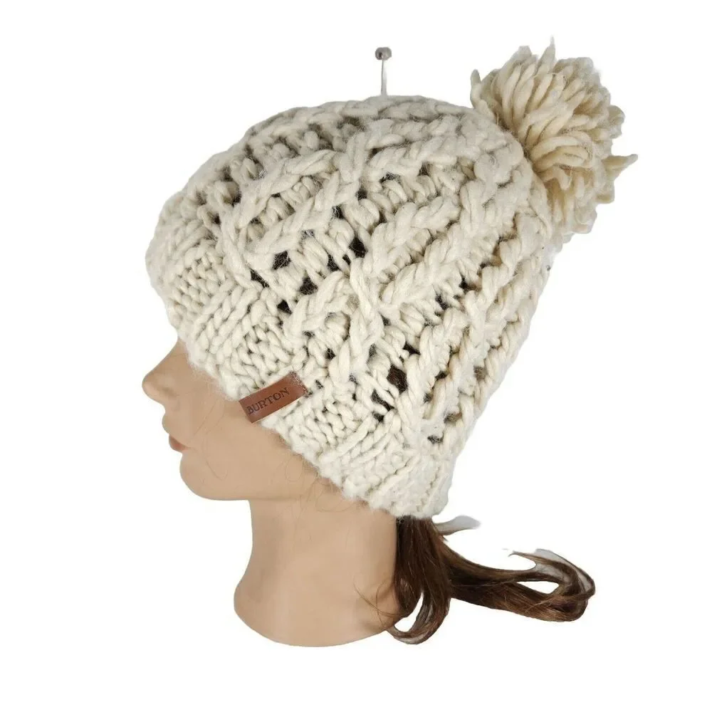 Burton Snowboards Women's Kismet Wool Cable Knit Creme Brule Pom Pom Beanie Hat